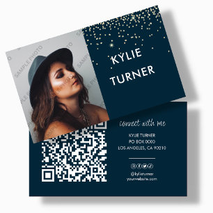Navy Blue Gold Glitter Photo QR Code Business Card