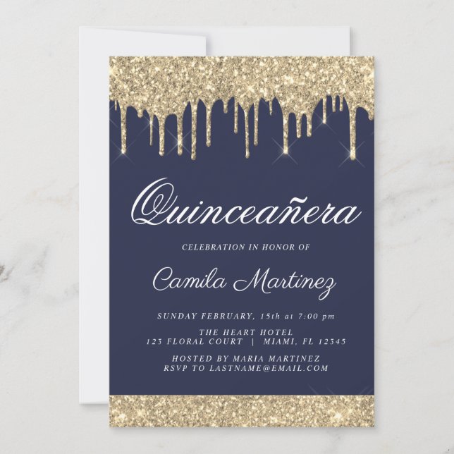 Navy Blue Gold Glitter Quinceañera Celebration Invitation (Front)