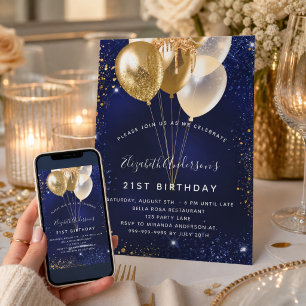 Navy blue gold glitter sparkle balloons birthday invitation