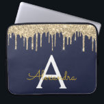 Navy Blue Gold Glitter Sparkle Monogram Laptop Sleeve<br><div class="desc">Navy Blue and Gold Faux Dripping Modern and Elegant Girly Glitter and Sparkle Elegant Monogram Case. This case can be customized to include your initial and first name.</div>