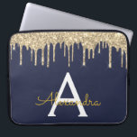 Navy Blue Gold Glitter Sparkle Monogram Laptop Sleeve<br><div class="desc">Navy Blue and Gold Faux Dripping Modern and Elegant Girly Glitter and Sparkle Elegant Monogram Case. This case can be customized to include your initial and first name.</div>