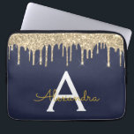 Navy Blue Gold Glitter Sparkle Monogram Laptop Sleeve<br><div class="desc">Navy Blue and Gold Faux Dripping Modern and Elegant Girly Glitter and Sparkle Elegant Monogram Case. This case can be customized to include your initial and first name.</div>