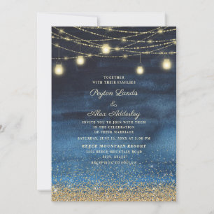 Navy Blue Gold Glitter String Light Wedding Invitation