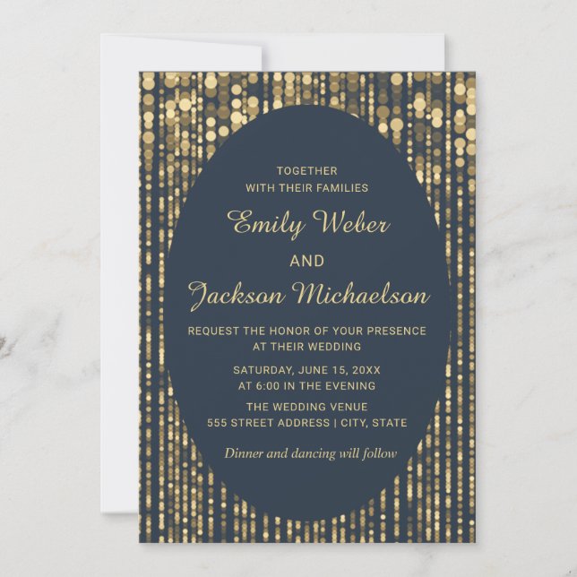 Navy Blue Gold Glitter String Light Wedding Invitation (Front)