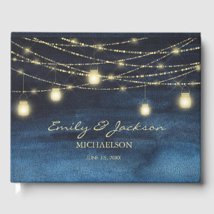 Navy Blue Gold Glitter String Lights Wedding Guest Book