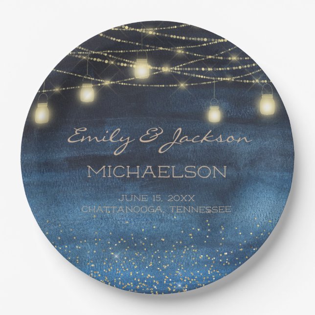 Navy Blue Gold Glitter String Lights Wedding Paper Plate (Front)