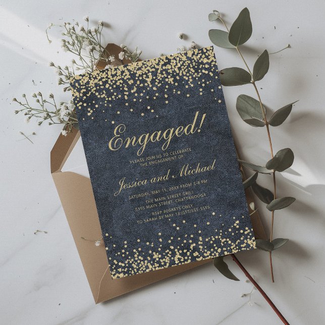 Navy Blue Gold Glitter Wedding Engagement Invitation (Navy blue and gold glitter engagement party invitation)
