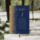 Navy Blue Gold Glitter Wedding Table Number<br><div class="desc">The left-hand edge of this elegant modern wedding table number card features a gold faux glitter border. The word "table" appears in gold-coloured whimsical handwriting script on a navy blue background. Add the names of your guests who are assigned to each table.</div>