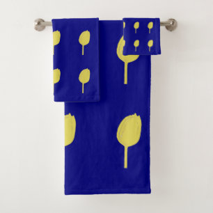 Navy Blue Gold Golden Yellow Floral Tulip Patterns Bath Towel Set