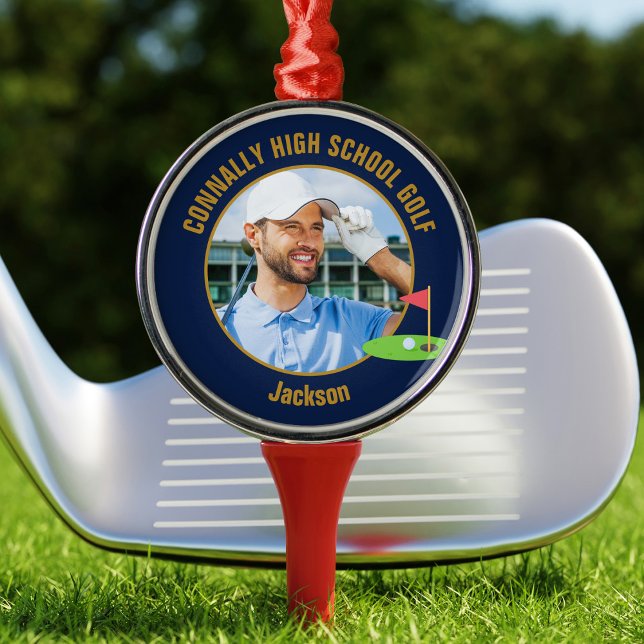 Navy Blue Gold Golfer Photo High School Golf Team Metal Ornament (Creator Uploaded)