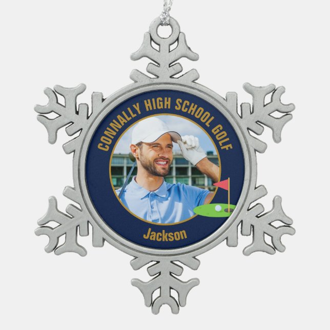 Navy Blue Gold Golfer Photo High School Golf Team Snowflake Pewter Christmas Ornament (Front)