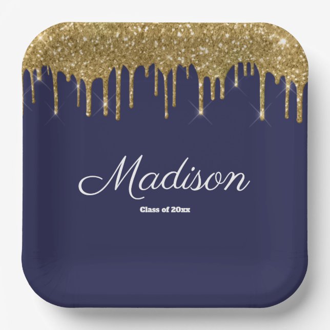 Navy Blue Gold Grad Graduation Party Class of 2024 Paper Plate (Front)
