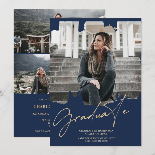 Navy blue gold graduate script photo graduation invitation (Front/Back)