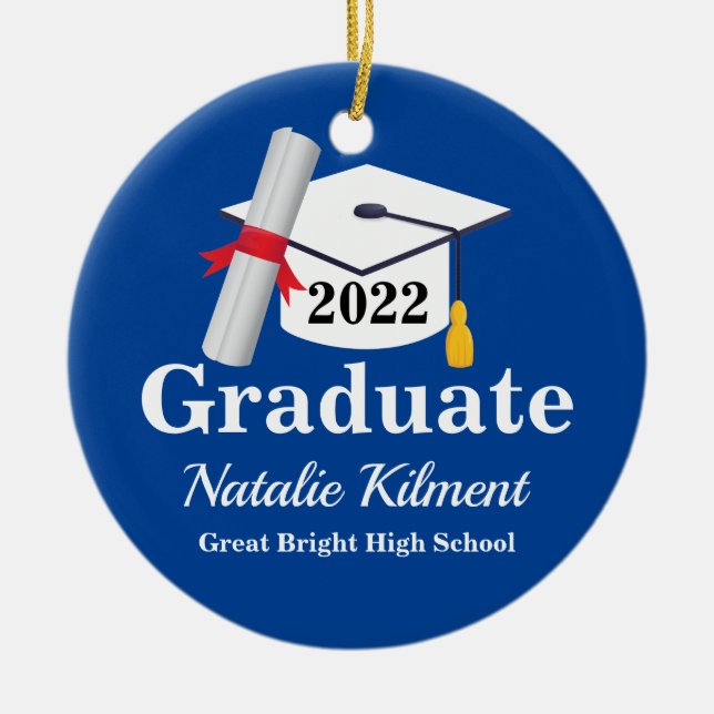 Navy Blue Gold Graduation Cap Class of 2022 Photo Ceramic Ornament (Front)