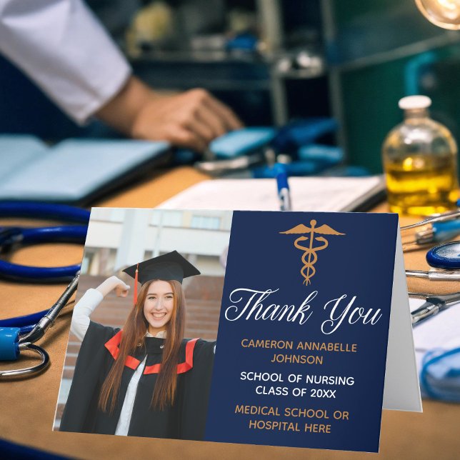Navy Blue Gold Graduation Photo Medical School Thank You Card (Creator Uploaded)