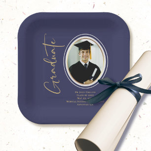 Navy Blue Gold Graduation Script Minimal Photo Paper Plate