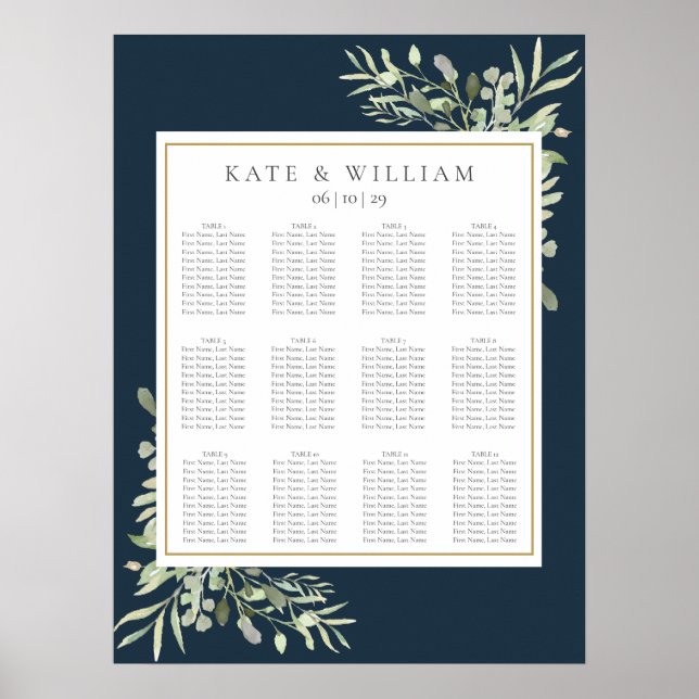 Navy Blue Gold Greenery Wedding Seating Chart (Front)