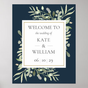 Navy Blue Gold Greenery Wedding Welcome Sign
