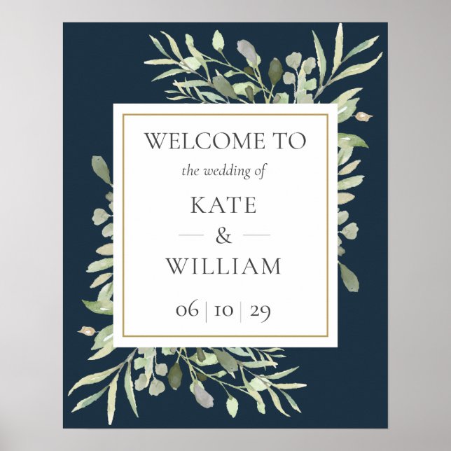 Navy Blue Gold Greenery Wedding Welcome Sign (Front)