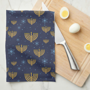 Navy Blue & Gold Hanukkah Menorah Pattern Kitchen Towel