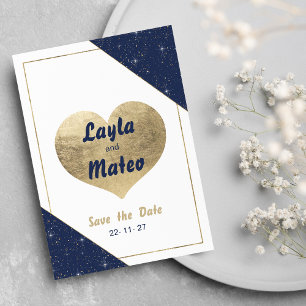 Navy blue gold heart sparkle glitter Save the Date Invitation