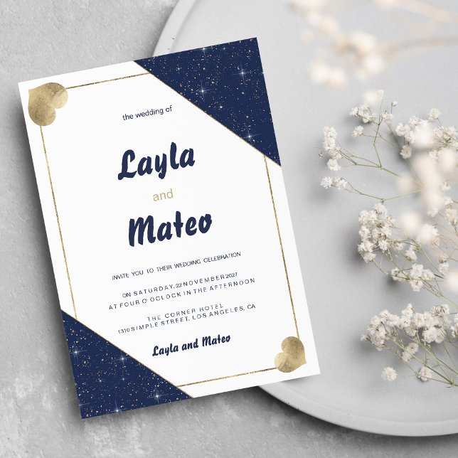Navy blue gold heart sparkle glitter Wedding Invitation (Navy blue gold heart sparkle glitter Wedding)