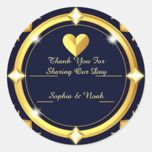 🖤 Navy Blue Gold Heart Wedding Thank You 🖤 Classic Round Sticker