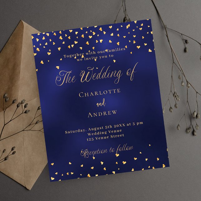 Navy blue gold hearts wedding invitation (Creator Uploaded)