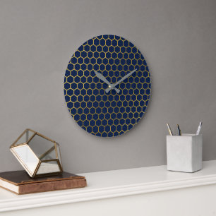 Navy Blue & Gold Hexagon Geometric Pattern Large Clock