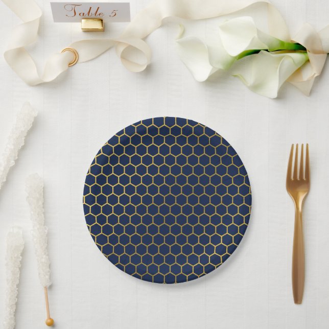 Navy Blue & Gold Hexagon Geometric Pattern Paper Plate (Wedding)