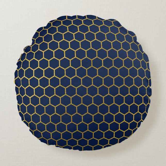 Navy Blue & Gold Hexagon Geometric Pattern Round Pillow (Front)