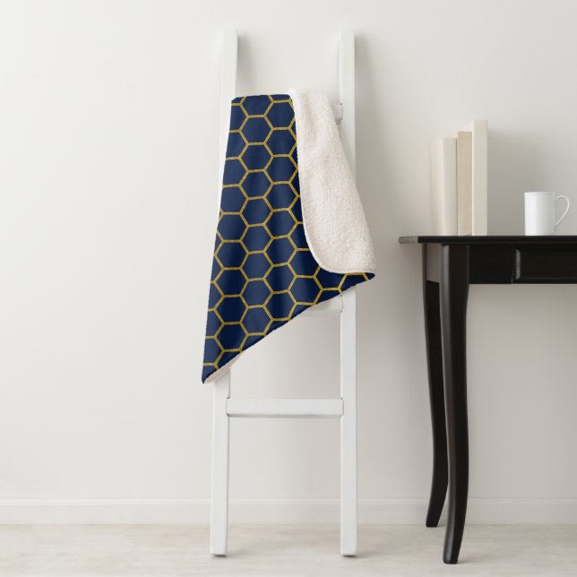Navy Blue & Gold Hexagon Geometric Pattern Sherpa Blanket (In Situ)