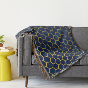 Navy Blue & Gold Hexagon Geometric Pattern Throw Blanket
