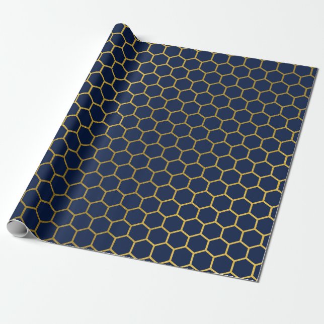 Navy Blue & Gold Hexagon Geometric Pattern Wrapping Paper (Unrolled)