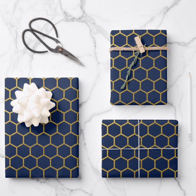 Navy Blue & Gold Hexagon Geometric Pattern Wrapping Paper Sheet (Front)