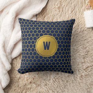 Navy Blue & Gold Hexagon Pattern Monogram Initial Throw Pillow