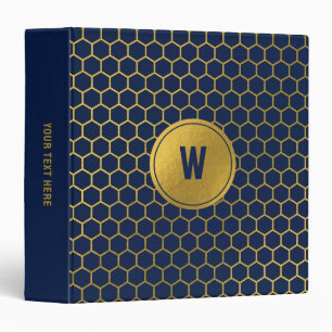 Navy Blue Gold Hexagon Pattern Monogrammed Initial Binder