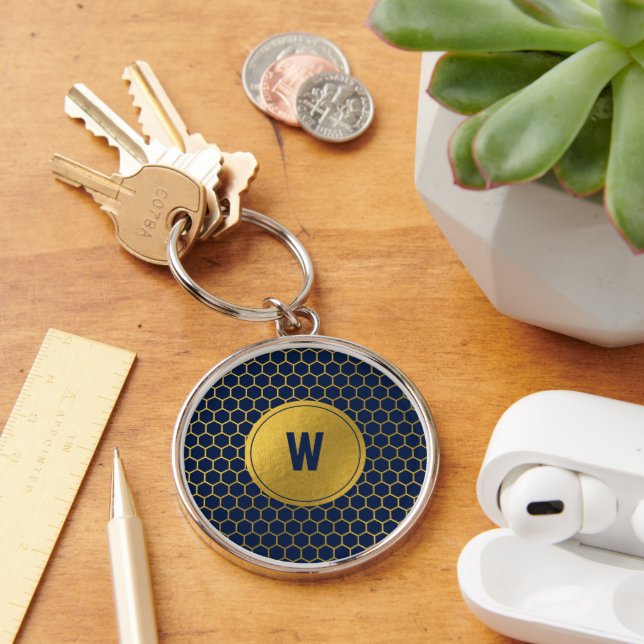 Navy Blue Gold Hexagon Pattern Monogrammed Initial Keychain (Desk)
