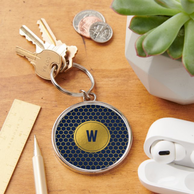 Navy Blue Gold Hexagon Pattern Monogrammed Initial Keychain (Desk)