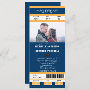 Navy Blue Gold Hockey Ticket Wedding Invitation