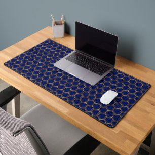Navy Blue Gold Honeycomb Chic Geometric Patterned Desk Mat