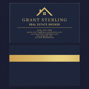 Navy Blue Gold House Real Estate Broker Business Card