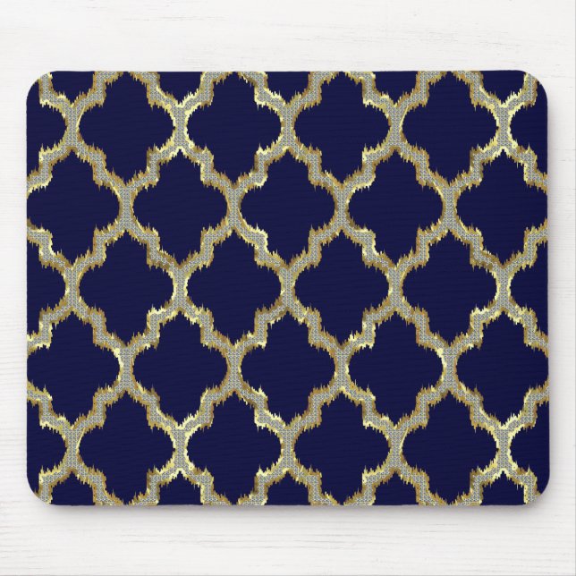 Navy Blue & Gold Ikat Tribal Geometric Pattern Mouse Pad (Front)
