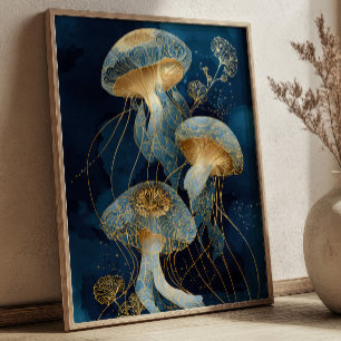 Navy Blue& Gold Jellyfish Kintsugi Ink Art Ocean Poster