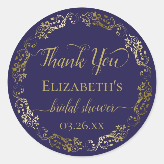 Navy Blue & Gold Lace Chic Bridal Shower Thank You Classic Round Sticker (Front)