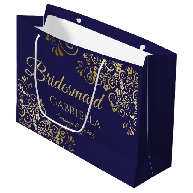 Navy Blue & Gold Lace Elegant Bridesmaid Large Gift Bag (Front Angled)