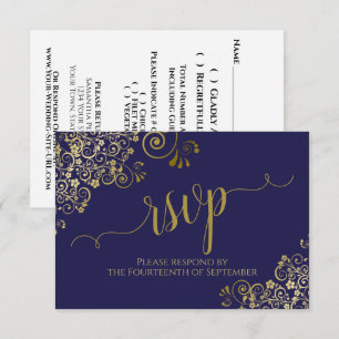 Navy Blue & Gold Lace Elegant Calligraphy Wedding RSVP Card