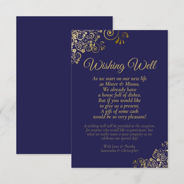 Navy Blue & Gold Lace Wedding Wishing Well Poem Enclosure Card (Front/Back)