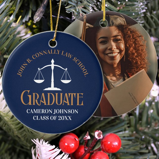 Navy Blue Gold Law School Graduation Christmas Ceramic Ornament (Creator Uploaded)