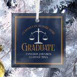 Navy Blue Gold Law School Graduation Christmas Glass Ornament<br><div class="desc">This custom navy blue and gold law school graduation Christmas ornament for a lawyer features the white scales of justice for the class of 2025. Customize with your graduating year under the elegant calligraphy for a great personalized university graduate gift.</div>